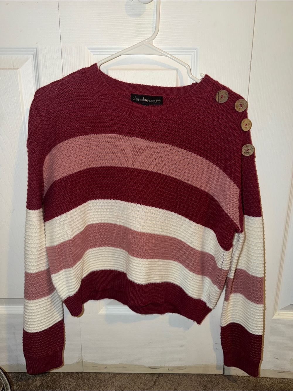 Darling Striped Crewneck Sweater in Burgundy, Dusty Pink & White
